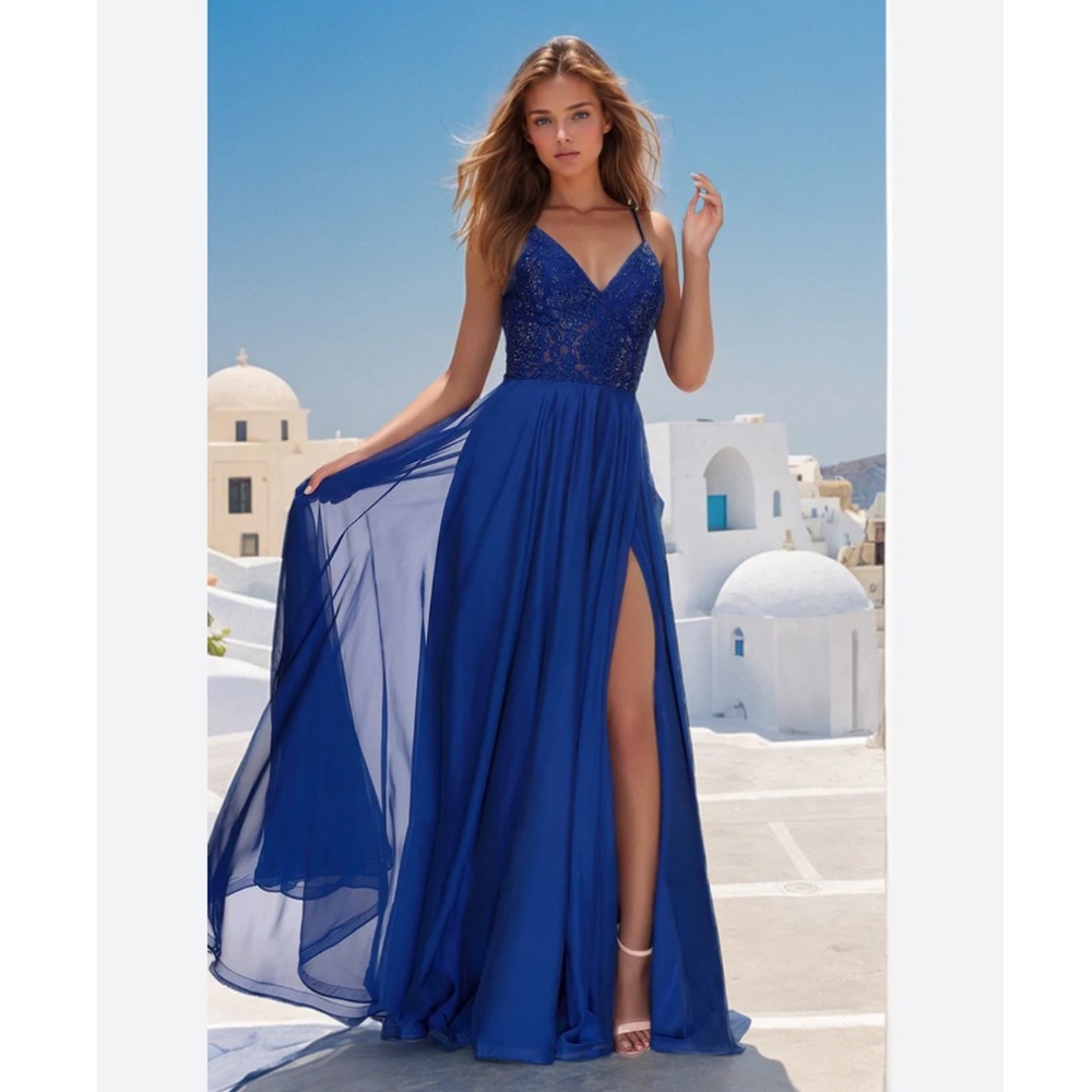 La Femme Women’s Sparkle Lace Chiffon Gown Marine Blue 28664